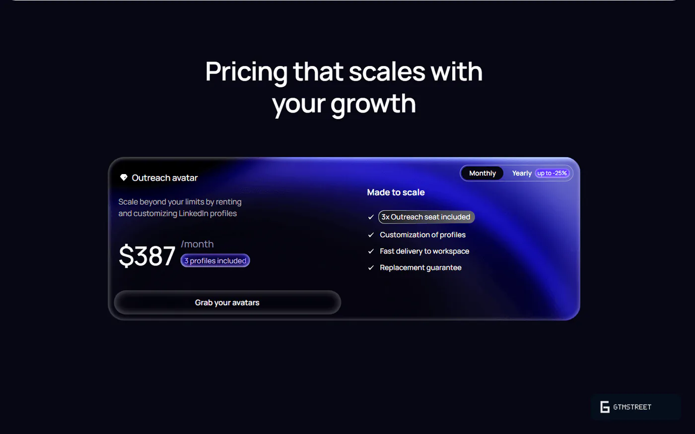 Aimfox Avatars pricing block: Outreach avatar at $387 a month, three profiles included, replacement guarantee