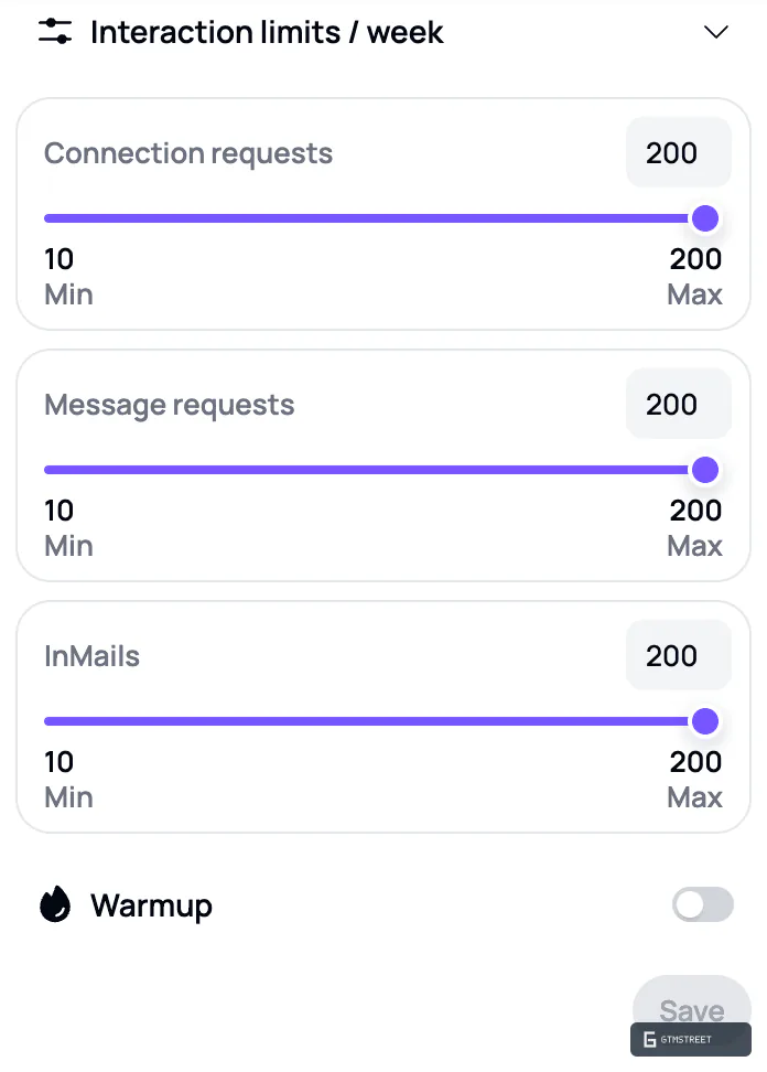 Aimfox weekly interaction limits with connection, message and InMail sliders at the 200 maximum and warm-up switched off