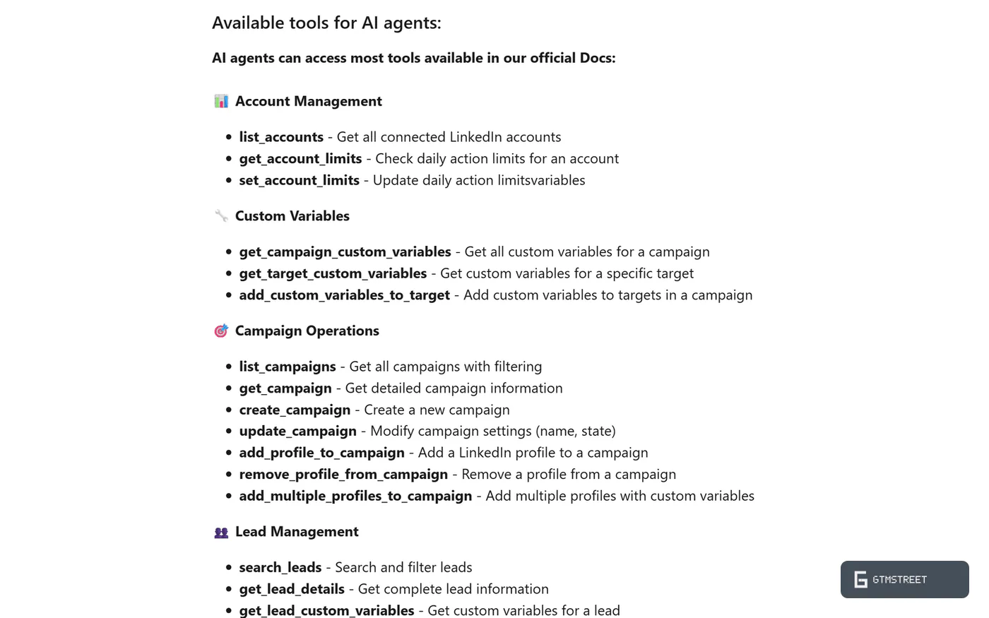 Aimfox MCP server tool list grouped by account management, custom variables, campaign operations and lead management