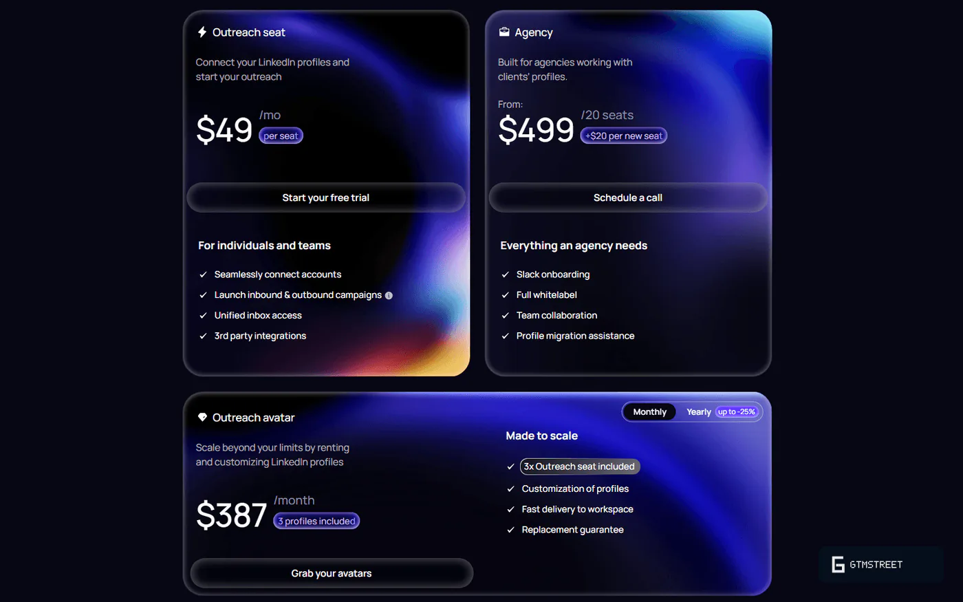 Aimfox pricing cards: Outreach seat at $49 a month, Agency from $499 for 20 seats, Outreach avatar at $387 for three profiles