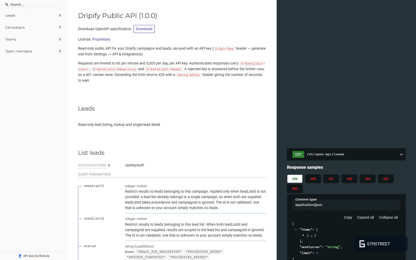 Dripify Public API Redoc reference with Leads, Campaigns, Teams and Team members in the sidebar and a read-only description
