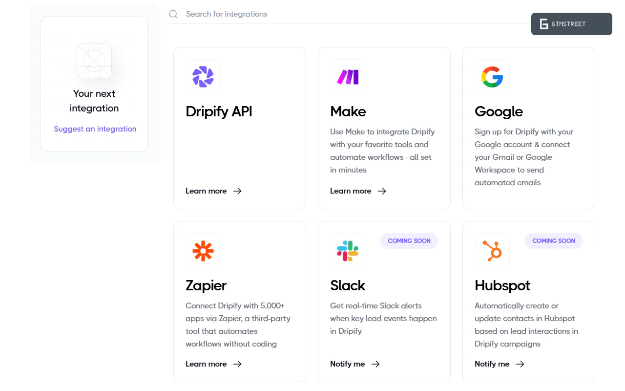 Dripify integrations page: tiles for Dripify API, Make, Google, Zapier, Slack and HubSpot, the last two marked coming soon