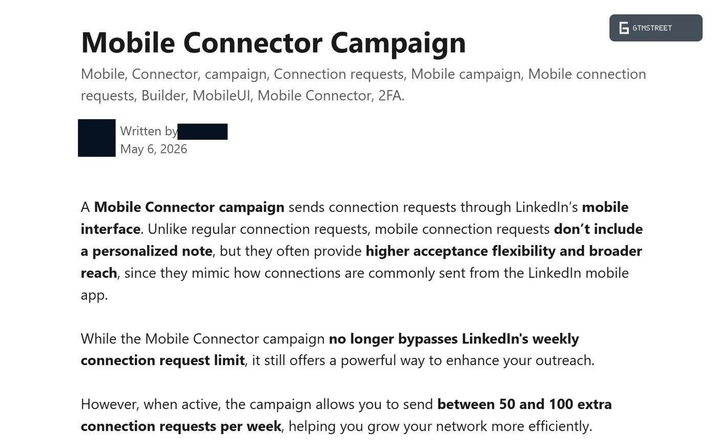 Expandi Mobile Connector help page saying the campaign no longer bypasses LinkedIn's weekly limit and adds 50 to 100 requests