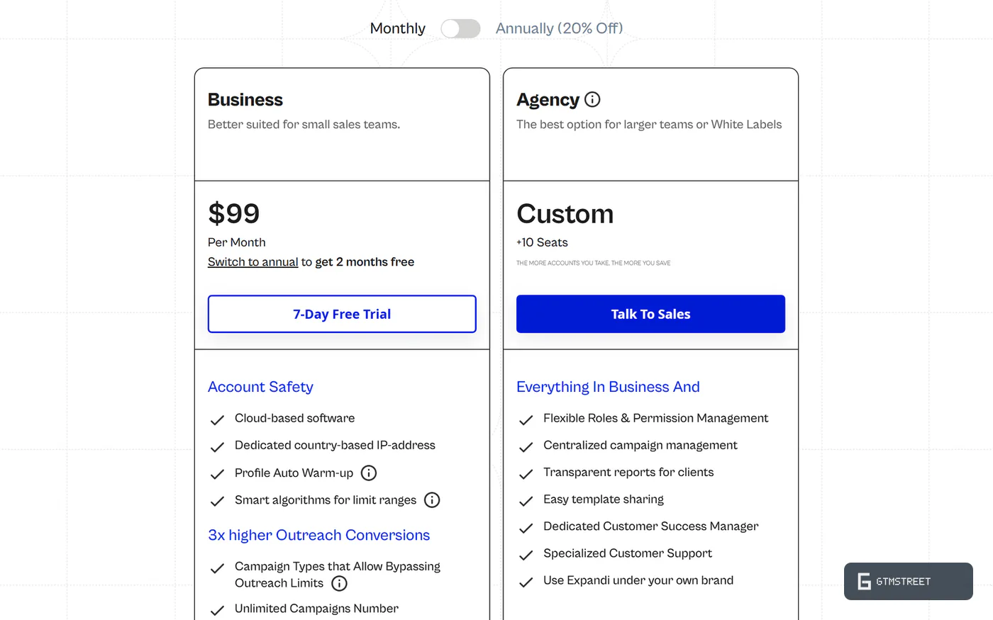 Expandi pricing page: Business plan at $99 a month beside the custom Agency tier for 10 or more seats, monthly toggle on