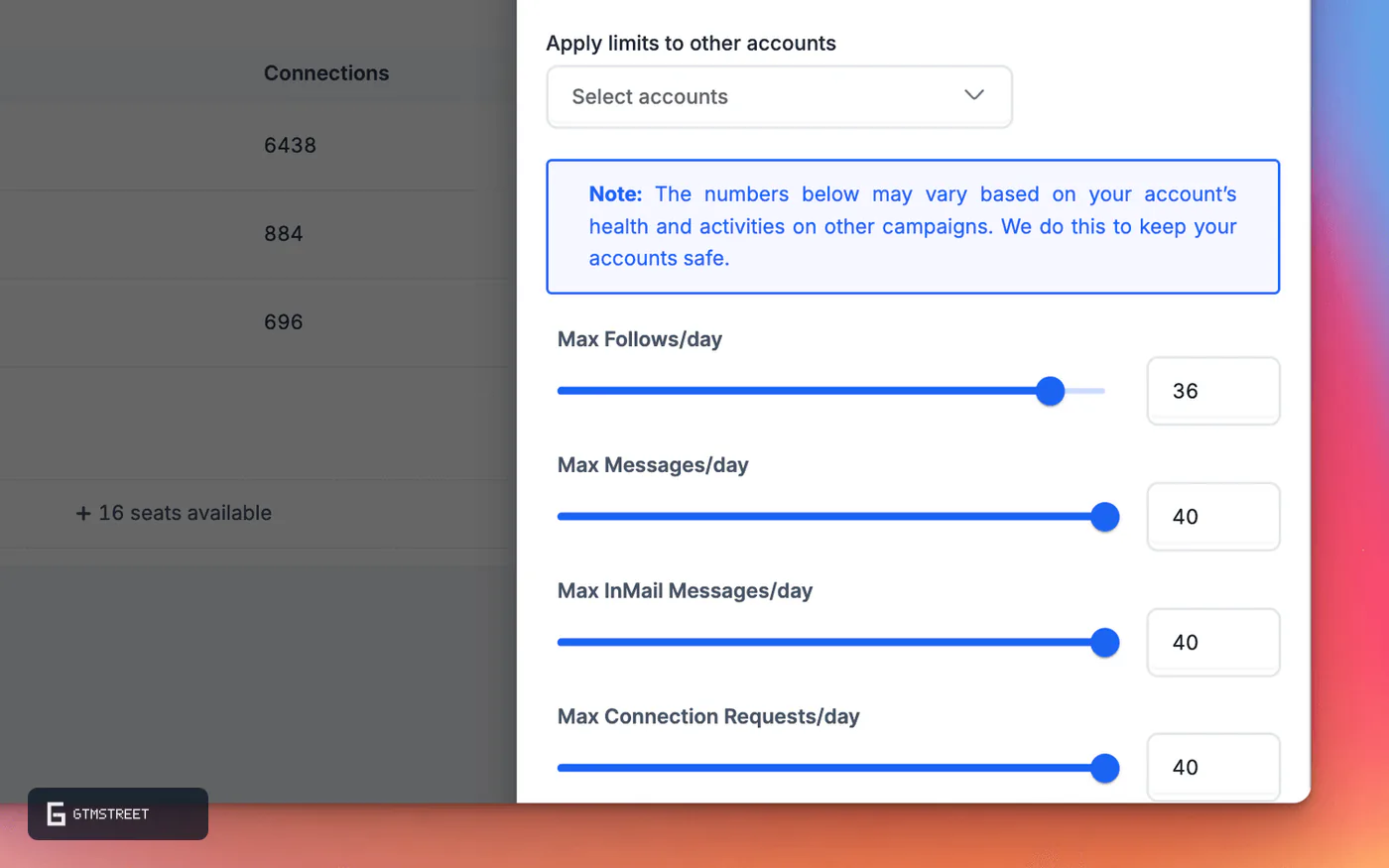 HeyReach account limits panel showing daily caps for follows, messages, InMail messages, and connection requests
