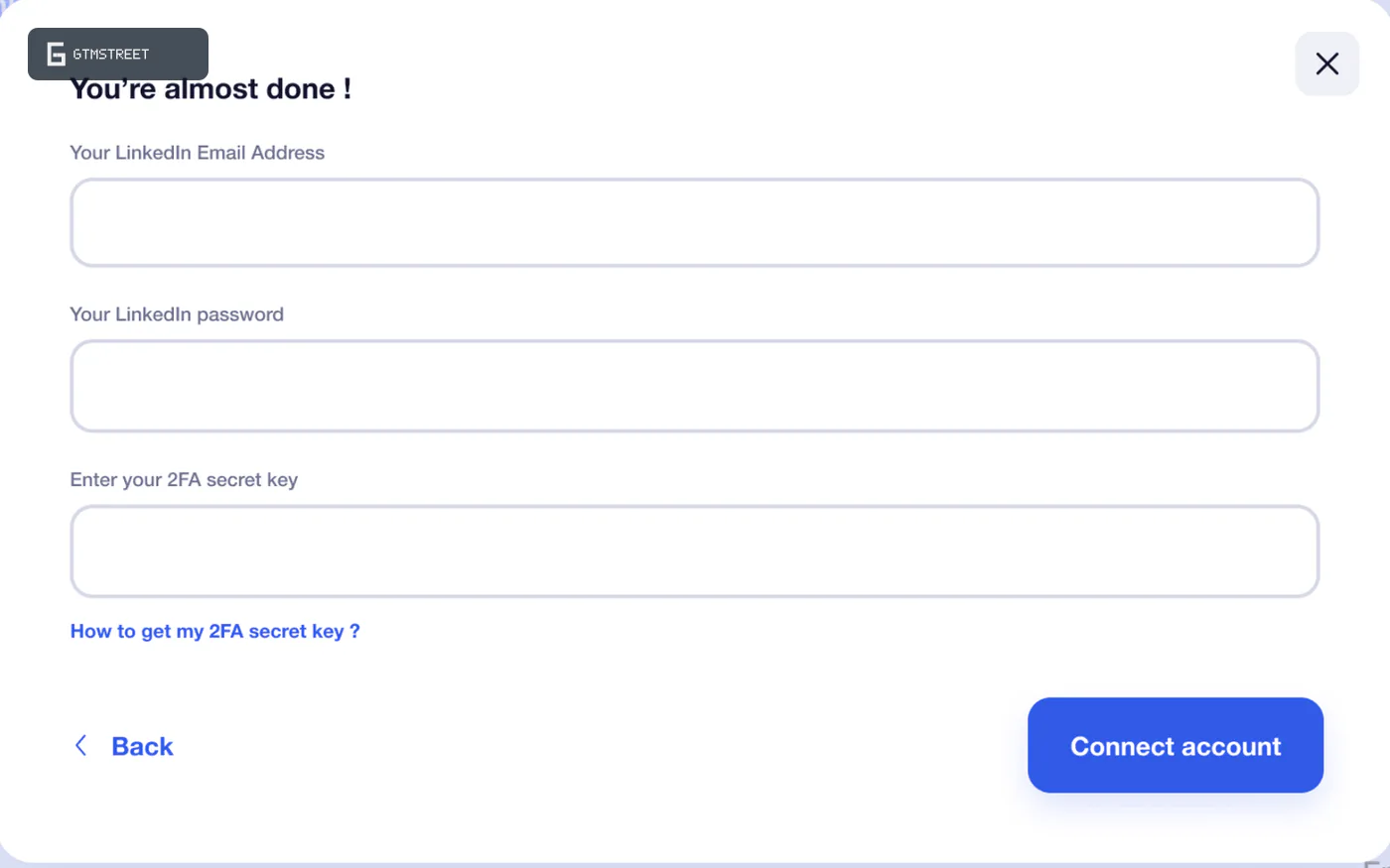 Waalaxy Infinite Login dialog asking for a LinkedIn email, LinkedIn password and 2FA secret key before Connect account