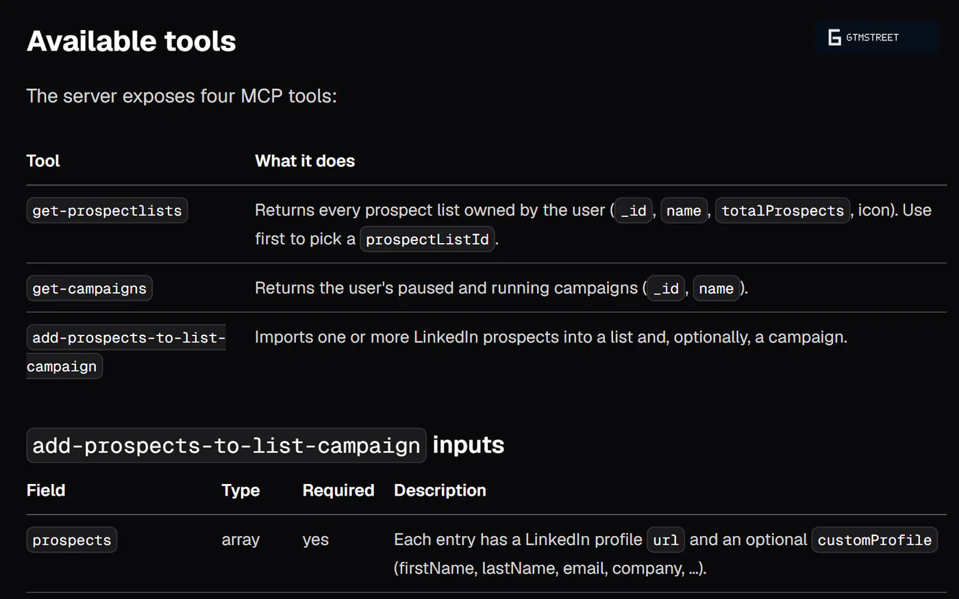 Waalaxy MCP server docs table listing get-prospectlists, get-campaigns and add-prospects-to-list-campaign