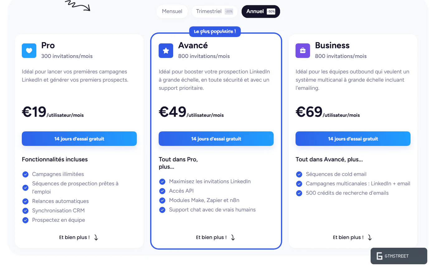 Waalaxy pricing page in French with Pro at 19 euros, Advanced at 49 and Business at 69 per user a month on yearly billing
