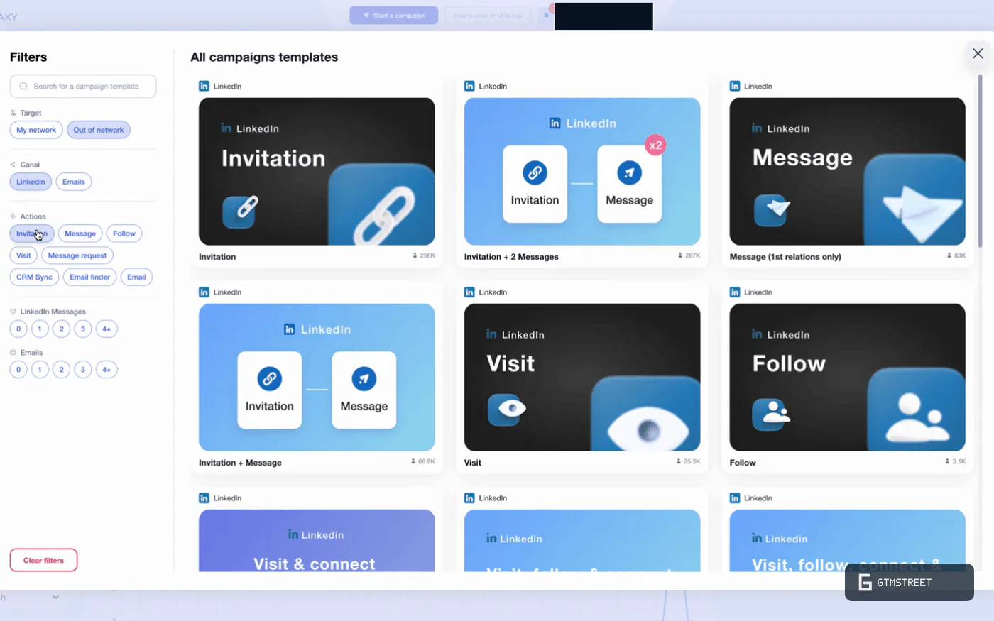 Waalaxy campaign templates library filtered to LinkedIn invitation models: Invitation, Message, Visit and Follow